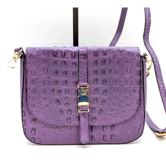 Firenze Italy Purple Leather Croc Embossed Long Strap/Short Strap Shoulder Bag - Picture 1 of 16